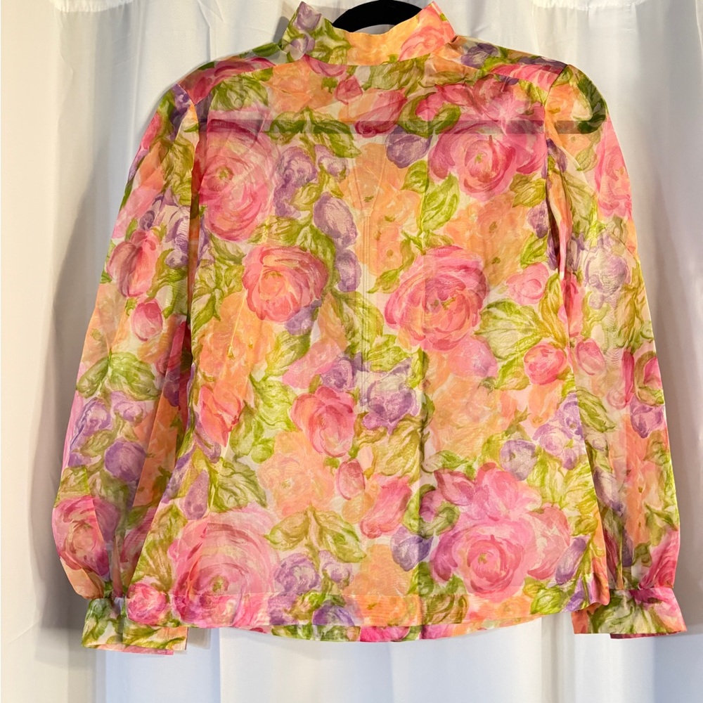 Sheer Floral Zip Front Blouse | Y2K Romantic Top | 3/4 Sleeve - Picture 8 of 8